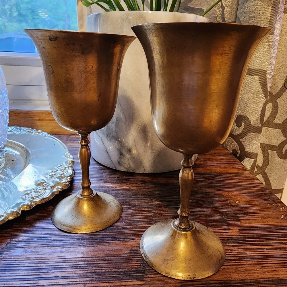Vintage Brass Goblets Wine Glasses 5.75" Wedding Bar India Cup Chalice Rustic